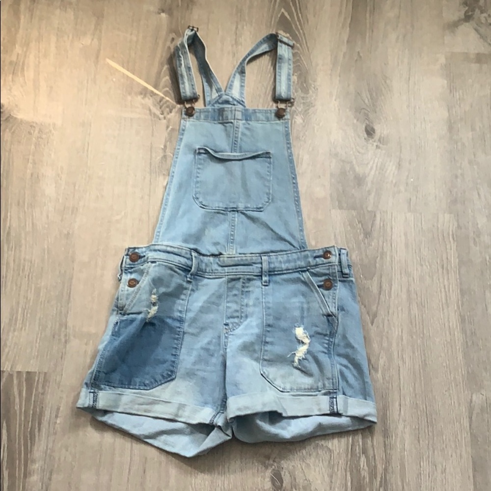 Hollister light blue jean short overalls